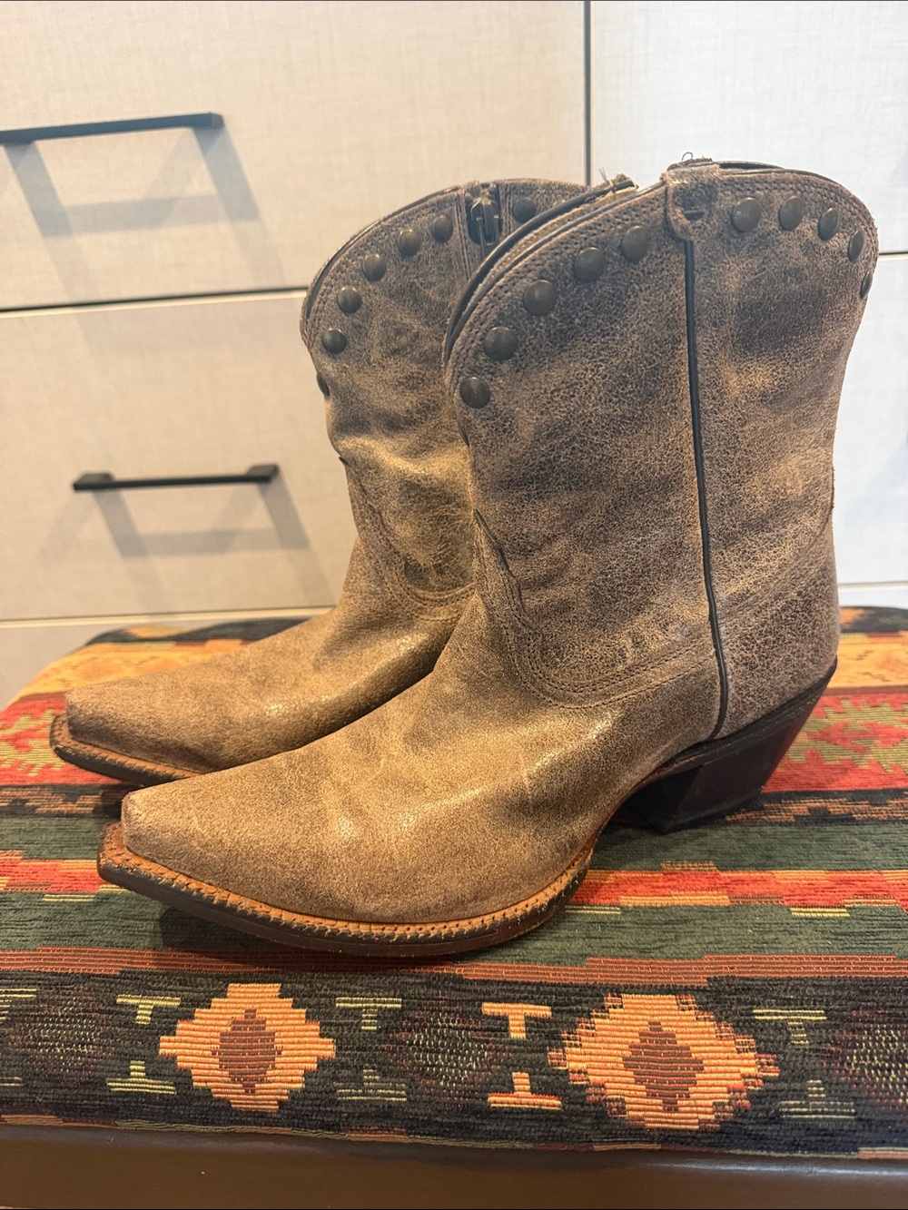 Tony Lama Distressed Taupe Suede Western Ankle Boots
